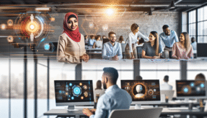 alt_text: Een moderne werkomgeving waar diverse medewerkers samenwerken met een geavanceerde AI.