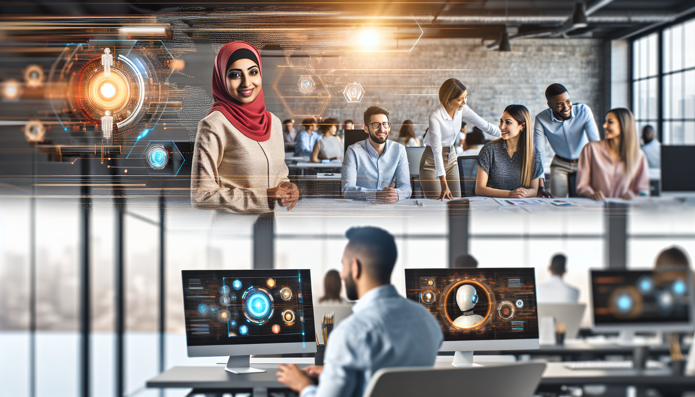 alt_text: Een moderne werkomgeving waar diverse medewerkers samenwerken met een geavanceerde AI.