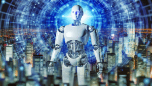 alt_text: Realistische omslagafbeelding met humanoïde robot, digitale netwerken en slimme stadssfeer.
