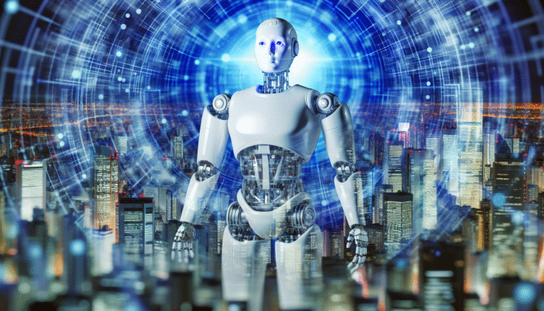 alt_text: Realistische omslagafbeelding met humanoïde robot, digitale netwerken en slimme stadssfeer.