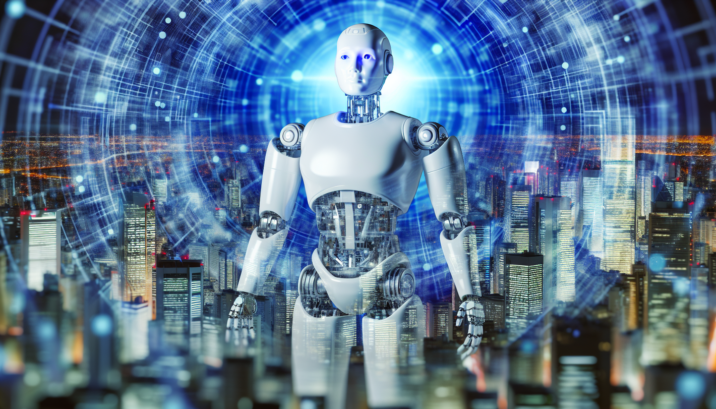 alt_text: Realistische omslagafbeelding met humanoïde robot, digitale netwerken en slimme stadssfeer.