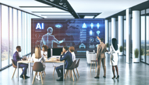 alt_text: Moderne kantooromgeving met diverse medewerkers en AI-technologie voor samenwerking en innovatie.