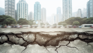 alt_text: Dramatisch stadslandschap na een aardbeving, met ingestorte gebouwen en scheuren in de grond.