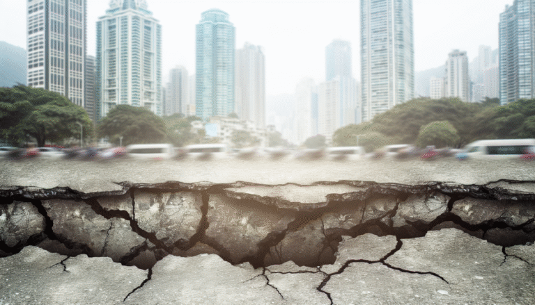alt_text: Dramatisch stadslandschap na een aardbeving, met ingestorte gebouwen en scheuren in de grond.