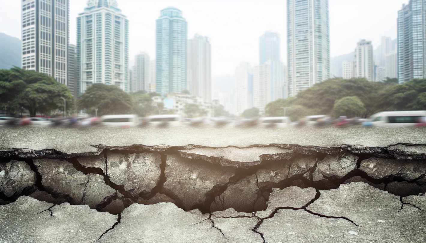 alt_text: Dramatisch stadslandschap na een aardbeving, met ingestorte gebouwen en scheuren in de grond.