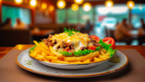 alt_text: "Een kleurrijke Kapsalon met friet, vlees, smeltkaas en verse salade in een gezellige Turkse eetomgeving."