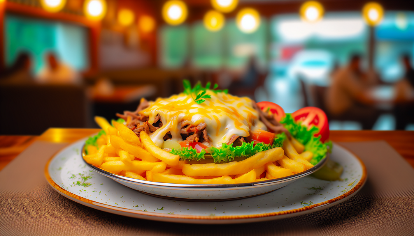 alt_text: "Een kleurrijke Kapsalon met friet, vlees, smeltkaas en verse salade in een gezellige Turkse eetomgeving."