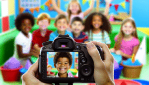 alt_text: Een schoolfotograaf legt lachende kinderen vast in een kleurrijke klas met speelse creaties.