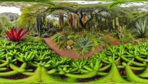 alt_text: Weelderige jungle vol planten, bloemen en cactussen, met een levendig kleurenpalet en details.