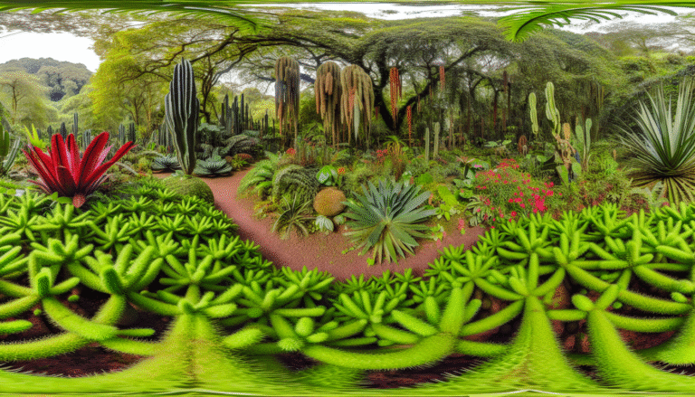alt_text: Weelderige jungle vol planten, bloemen en cactussen, met een levendig kleurenpalet en details.