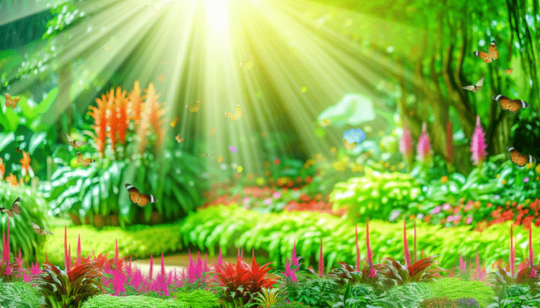 alt_text: Kleurrijke botanische tuin vol planten en bloemen, met zonnestralen en fladderende vlinders.
