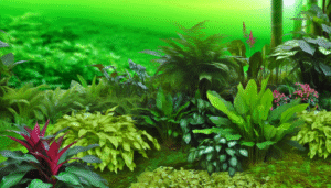 alt_text: Een weelderige groene omgeving met diverse planten, bloemen en een rustige, natuurlijke achtergrond.