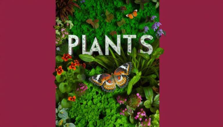 alt_text: Een weelderige botanische tuin vol bloemen, bladeren en een vlinder, met de titel 'Planten'.
