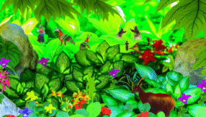 alt_text: Een levendige plantenwereld met groene bladeren, bloemen en dierenfiguren in een frisse sfeer.