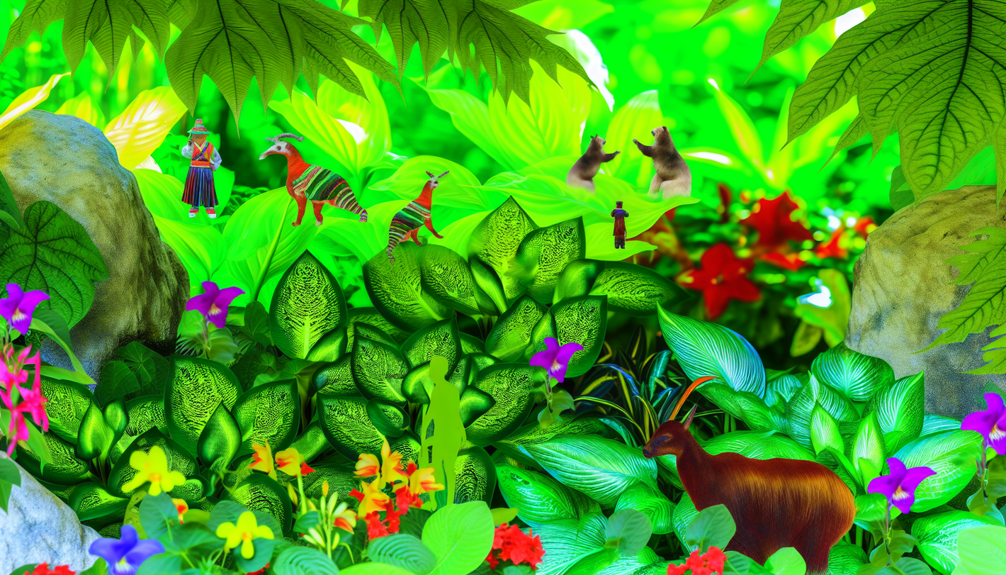 alt_text: Een levendige plantenwereld met groene bladeren, bloemen en dierenfiguren in een frisse sfeer.