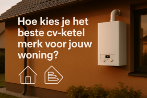 Exterior of a house with a wall-mounted white boiler; large Dutch headline asks to choose the best cv-ketel brand for your home.