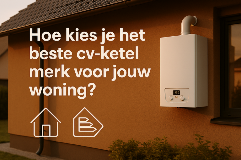Exterior of a house with a wall-mounted white boiler; large Dutch headline asks to choose the best cv-ketel brand for your home.