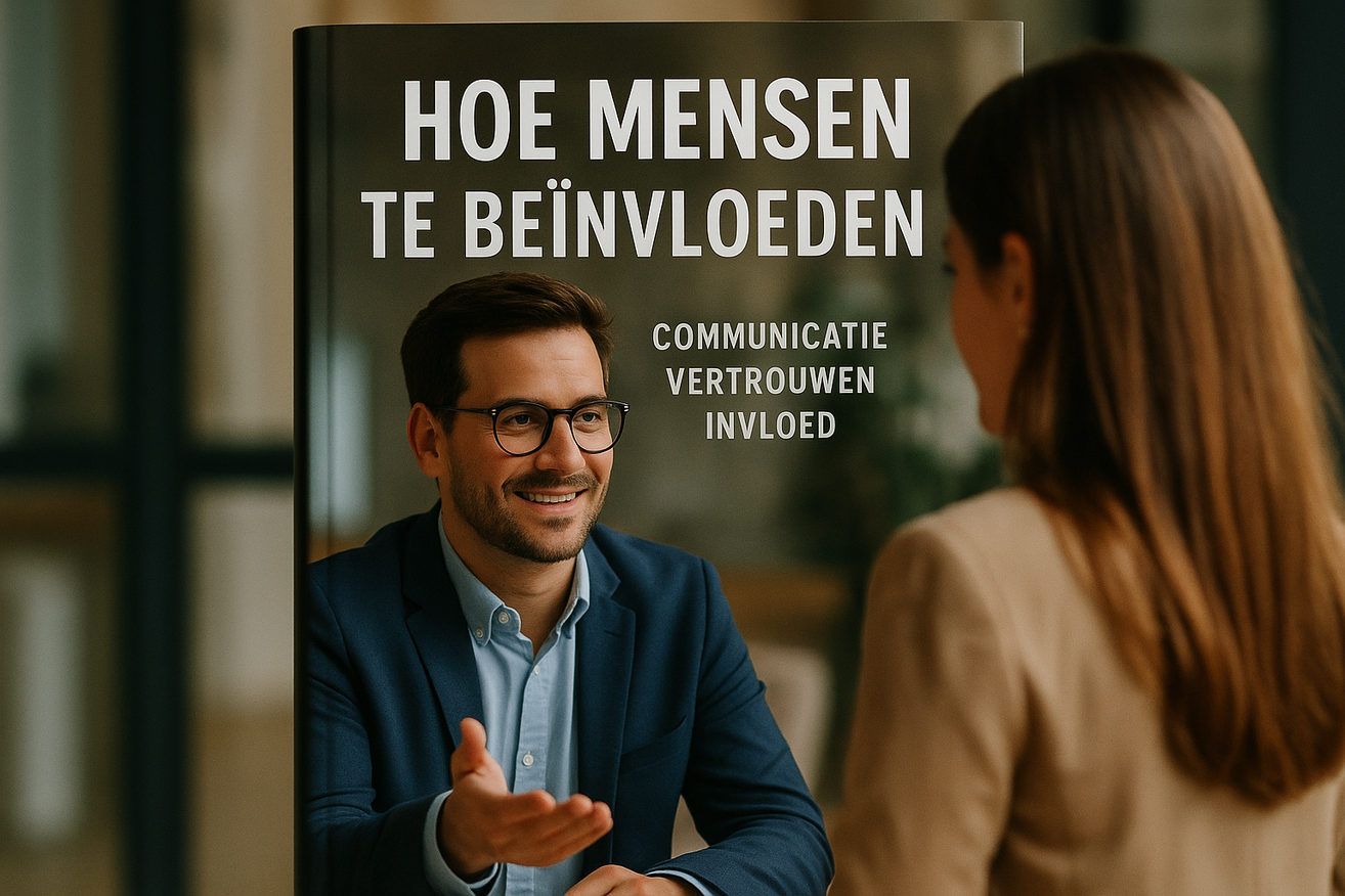 Man in a blue suit and glasses smiles and gestures as he talks to a woman, beside a large poster with Dutch text about influencing people.